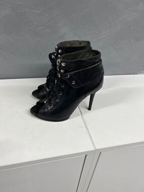 SCHUTZ Black Lace-Up Peep-Toe Stiletto Booties